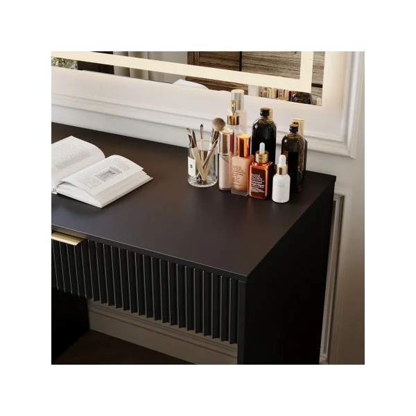 Coiffeuse Design Noir Graphique 5 Tiroirs + Miroir LED Table Maquillage Moderne Noir et Or