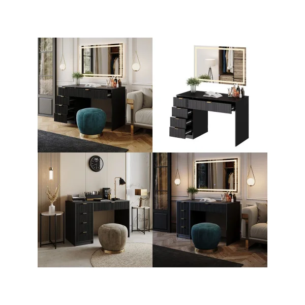 Coiffeuse Design Noir Graphique 5 Tiroirs + Miroir LED Table Maquillage Moderne Noir et Or