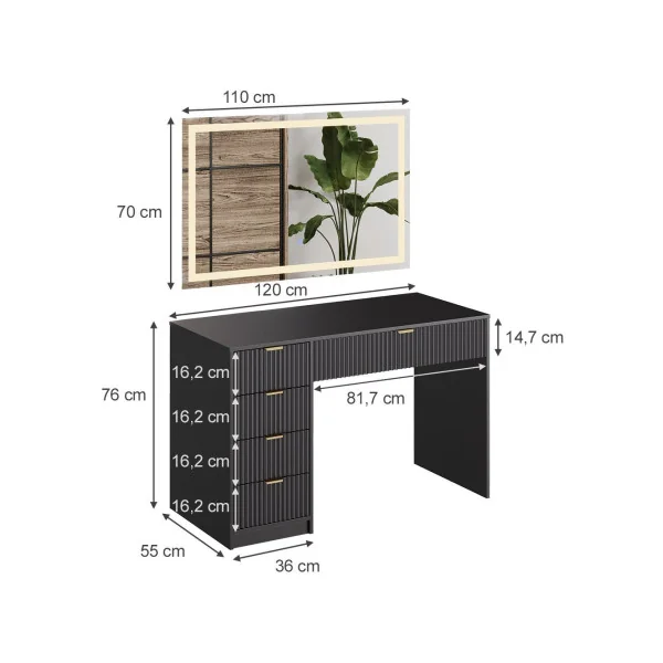 Coiffeuse Design Noir Graphique 5 Tiroirs + Miroir LED Table Maquillage Moderne Noir et Or