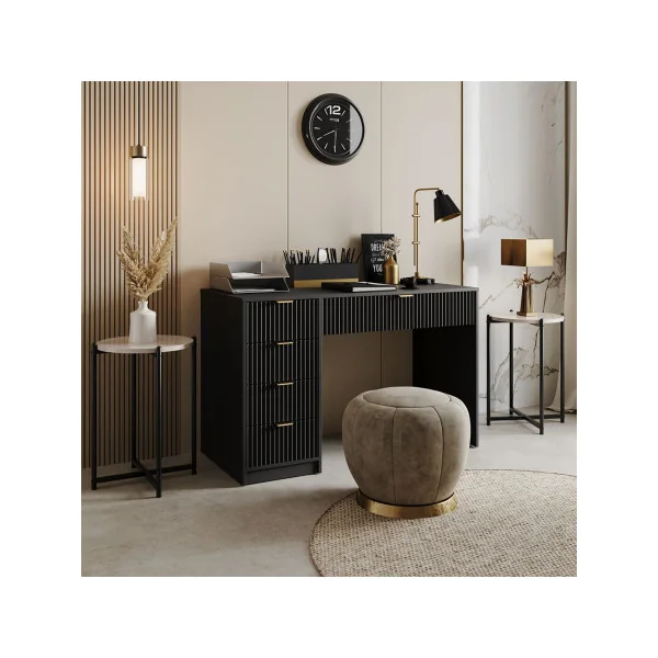 Coiffeuse Design Noir Graphique 5 Tiroirs Table Maquillage Moderne Noir et Or