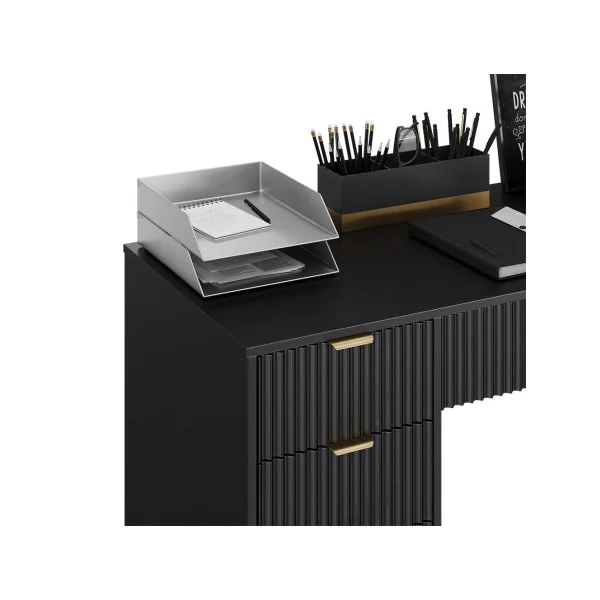 Coiffeuse Design Noir Graphique 5 Tiroirs Table Maquillage Moderne Noir et Or