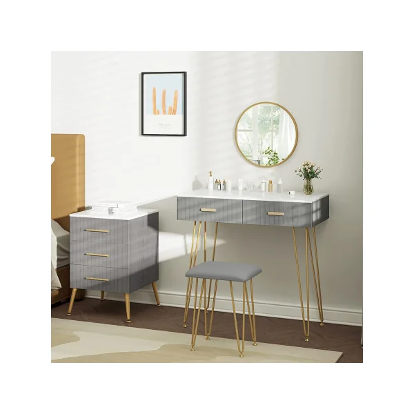 Coiffeuse grise et blanche 2 tiroirs Miroir à suspendre + Tabouret Table manucure Coiffeuse femme