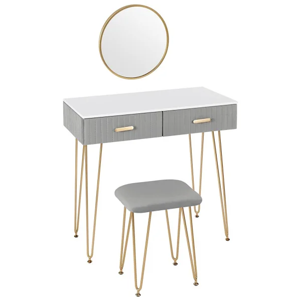 Coiffeuse grise et blanche 2 tiroirs Miroir à suspendre + Tabouret Table manucure Coiffeuse femme