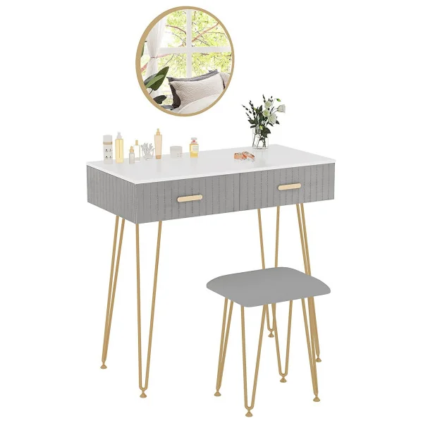 Coiffeuse grise et blanche 2 tiroirs Miroir à suspendre + Tabouret Table manucure Coiffeuse femme