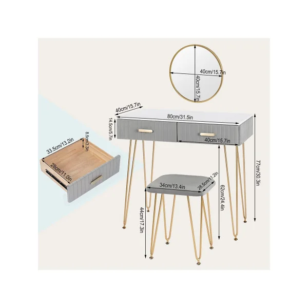 Coiffeuse grise et blanche 2 tiroirs Miroir à suspendre + Tabouret Table manucure Coiffeuse femme