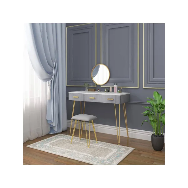 Coiffeuse grise et blanche 3 tiroirs Miroir à suspendre + Tabouret Table manucure Coiffeuse femme