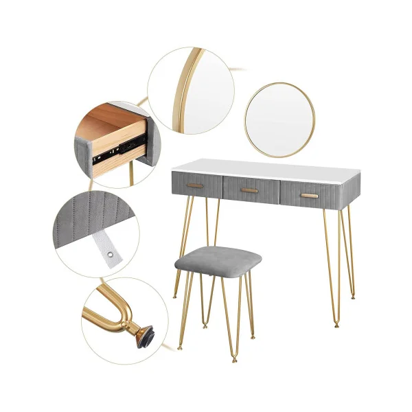 Coiffeuse grise et blanche 3 tiroirs Miroir à suspendre + Tabouret Table manucure Coiffeuse femme