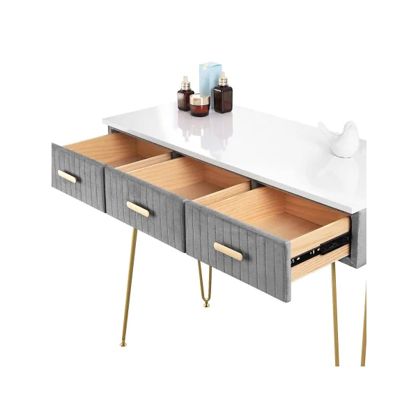 Coiffeuse grise et blanche 3 tiroirs Miroir à suspendre + Tabouret Table manucure Coiffeuse femme