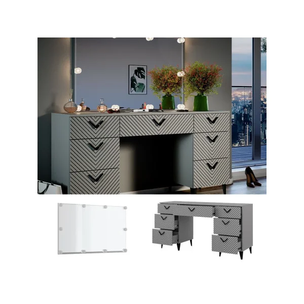 Coiffeuse Grise Graphique Moderne + Miroir LED Coiffeuse moderne Coiffeuse maquillage Coiffeuse femme Coiffeuse chambre