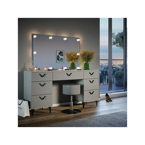Coiffeuse Grise Graphique Moderne + Miroir LED + Tabouret Coiffeuse moderne Coiffeuse maquillage