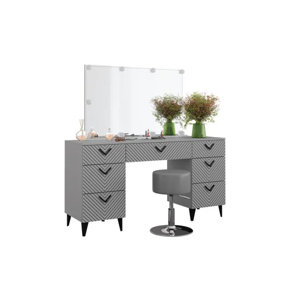 Coiffeuse Grise Graphique Moderne + Miroir LED + Tabouret Coiffeuse moderne Coiffeuse maquillage