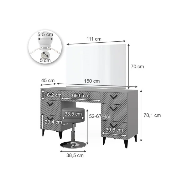 Coiffeuse Grise Graphique Moderne + Miroir LED + Tabouret Coiffeuse moderne Coiffeuse maquillage