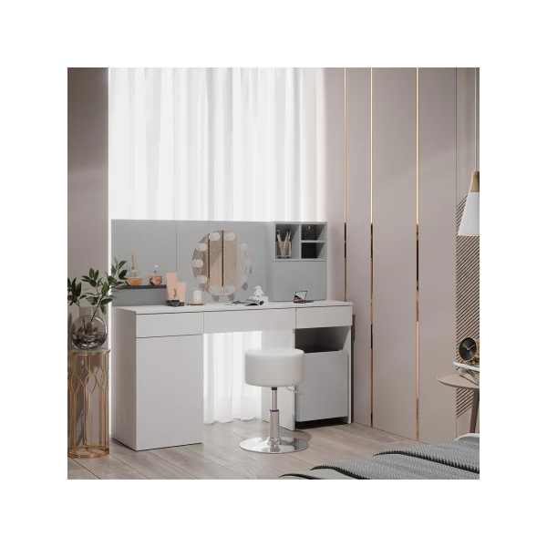 Coiffeuse moderne blanche et gris avec caisson amovible + Tabouret + LED Table maquillage femme