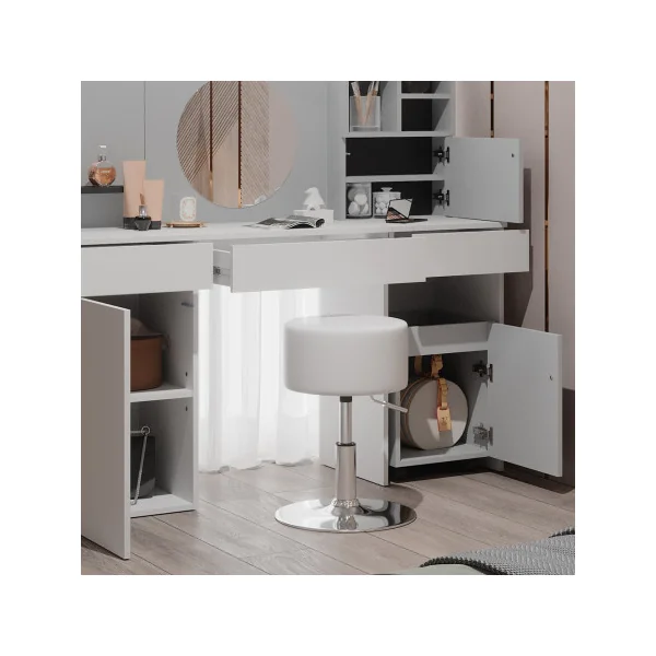 Coiffeuse moderne blanche et gris avec caisson amovible + Tabouret Table maquillage femme