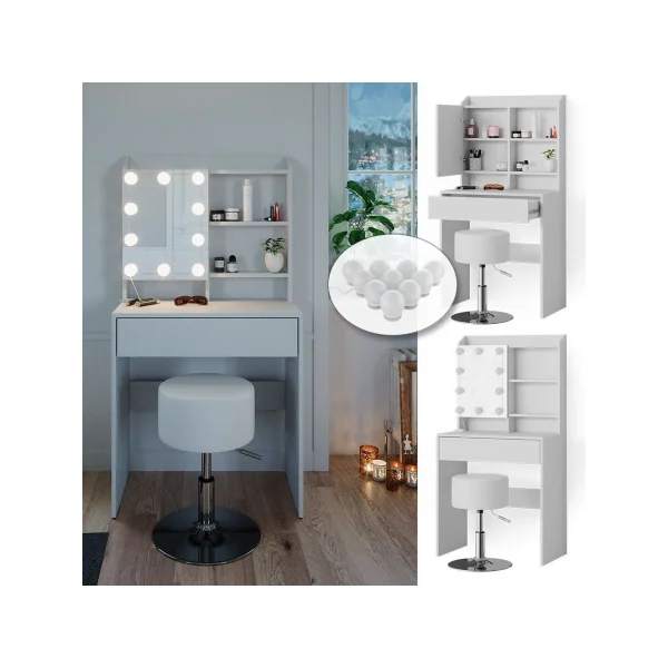 Coiffeuse moderne + LED + Tabouret avec 1 tiroir et étagères miroir Table maquillage blanche