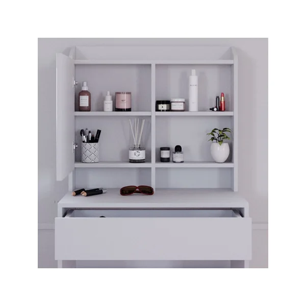 Coiffeuse moderne + LED + Tabouret avec 1 tiroir et étagères miroir Table maquillage blanche