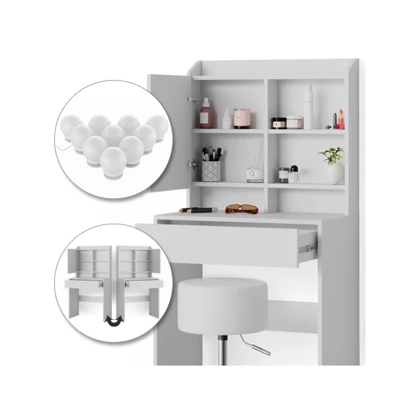 Coiffeuse moderne + LED + Tabouret avec 1 tiroir et étagères miroir Table maquillage blanche