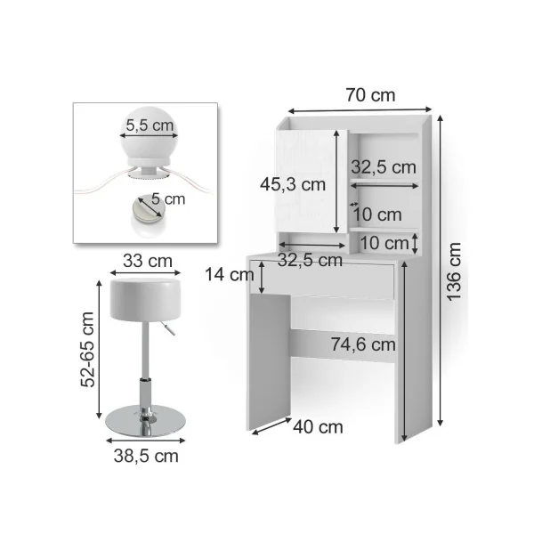 Coiffeuse moderne + LED + Tabouret avec 1 tiroir et étagères miroir Table maquillage blanche