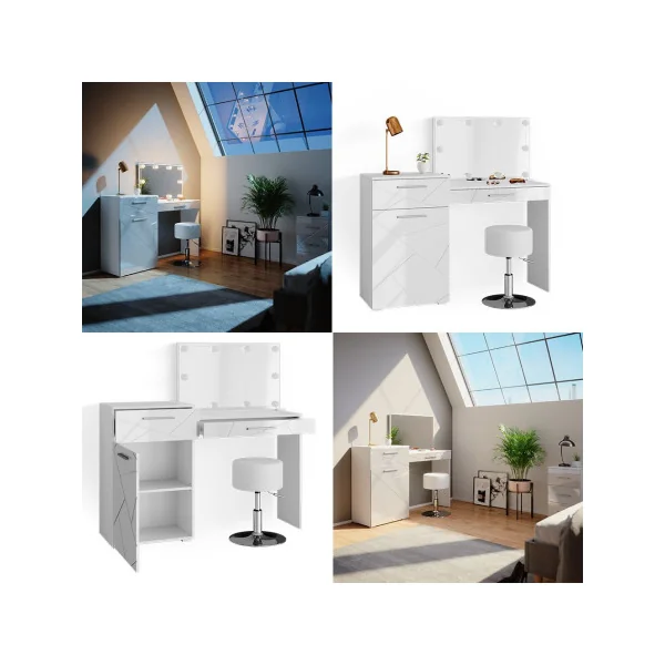Coiffeuse moderne + LED + Tabouret Table maquillage blanc brillant Table manucure Coiffeuse femme