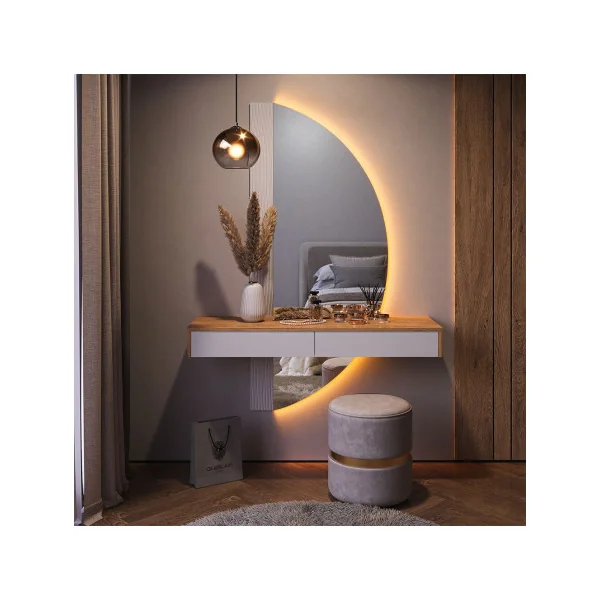 Coiffeuse Murale Blanche et Chêne + Miroir LED Table Maquillage Moderne