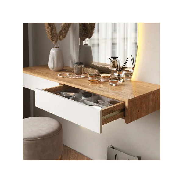 Coiffeuse Murale Blanche et Chêne + Miroir LED Table Maquillage Moderne