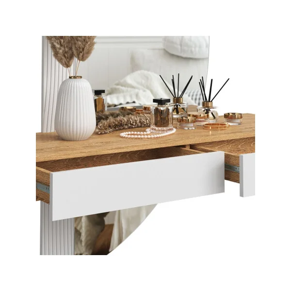 Coiffeuse Murale Blanche et Chêne + Miroir LED Table Maquillage Moderne