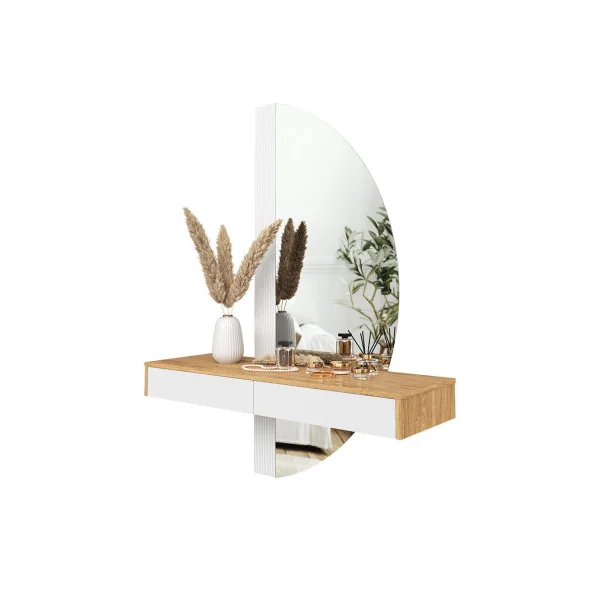 Coiffeuse Murale Blanche et Chêne + Miroir LED Table Maquillage Moderne