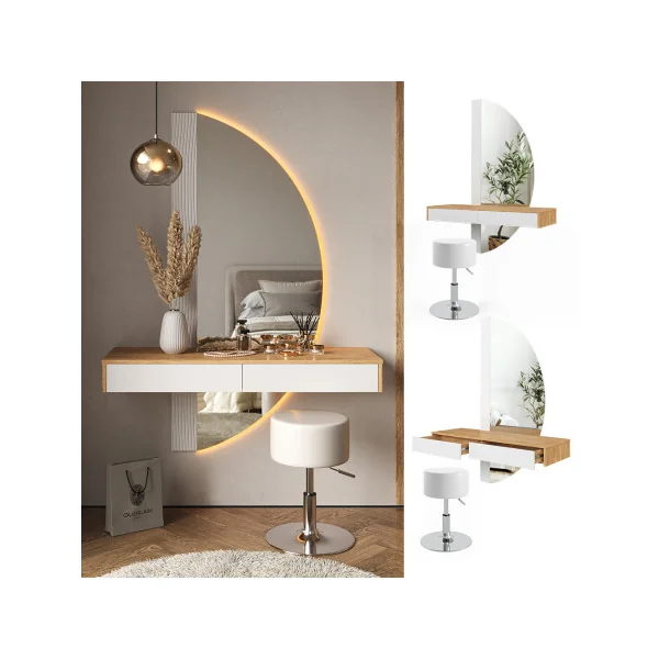 Coiffeuse Murale Blanche et Chêne + Miroir LED + Tabouret Table Maquillage Moderne