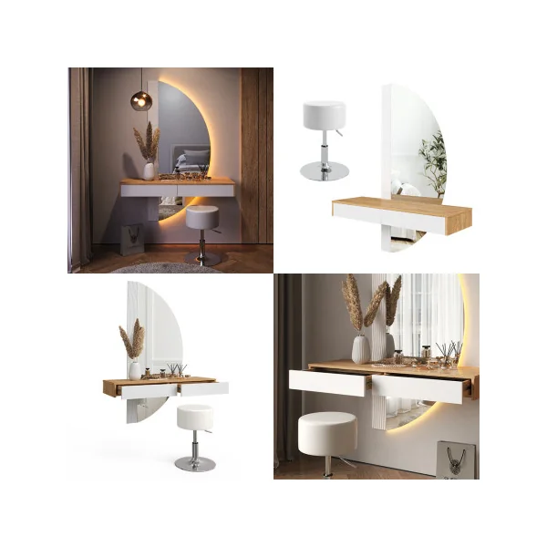 Coiffeuse Murale Blanche et Chêne + Miroir LED + Tabouret Table Maquillage Moderne