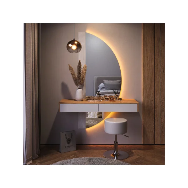 Coiffeuse Murale Blanche et Chêne + Miroir LED + Tabouret Table Maquillage Moderne