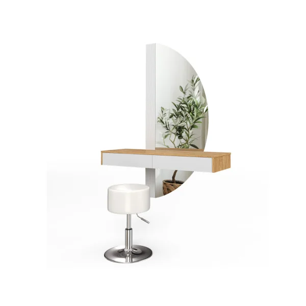 Coiffeuse Murale Blanche et Chêne + Miroir LED + Tabouret Table Maquillage Moderne