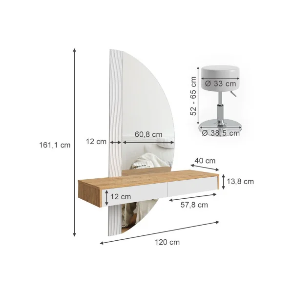 Coiffeuse Murale Blanche et Chêne + Miroir LED + Tabouret Table Maquillage Moderne