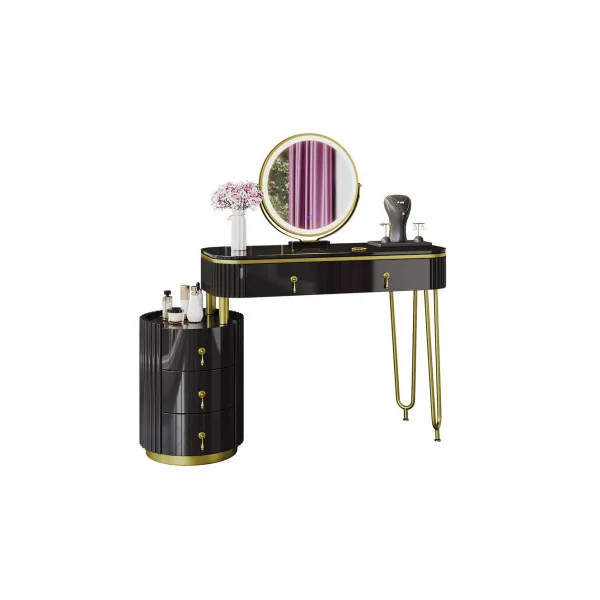 Coiffeuse noire et or 2 tiroirs Miroir LED Table manucure Coiffeuse femme élégante