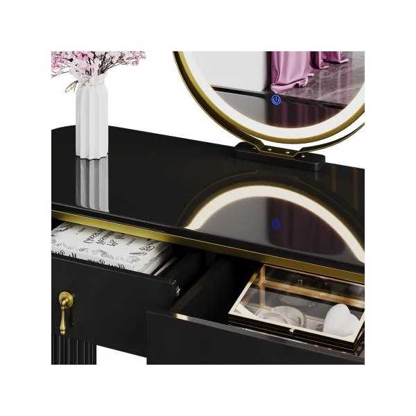 Coiffeuse noire et or 2 tiroirs Miroir LED Table manucure Coiffeuse femme élégante