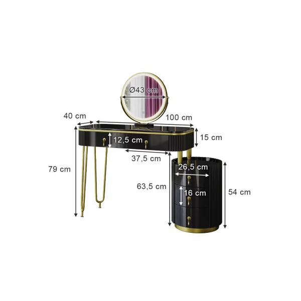 Coiffeuse noire et or 2 tiroirs Miroir LED Table manucure Coiffeuse femme élégante