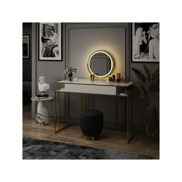 Coiffeuse Rétro Blanche et Or 2 Tiroirs + Miroir LED Table Maquillage Moderne