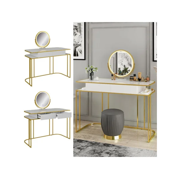 Coiffeuse Rétro Blanche et Or 2 Tiroirs + Miroir LED Table Maquillage Moderne