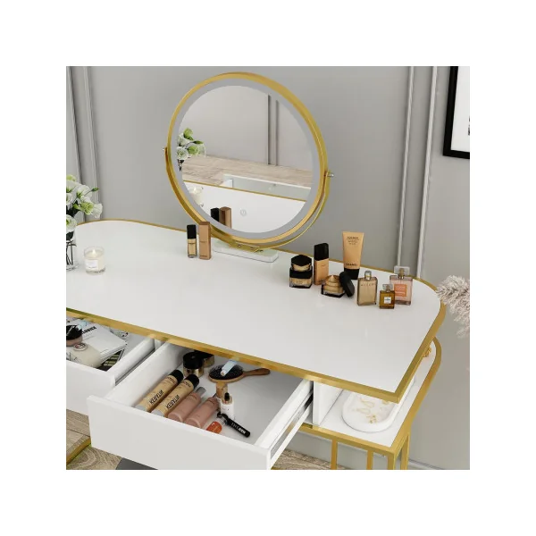 Coiffeuse Rétro Blanche et Or 2 Tiroirs + Miroir LED Table Maquillage Moderne