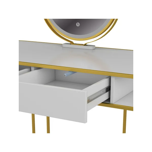 Coiffeuse Rétro Blanche et Or 2 Tiroirs + Miroir LED Table Maquillage Moderne