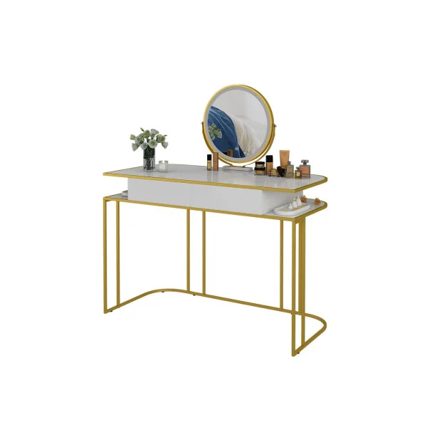 Coiffeuse Rétro Blanche et Or 2 Tiroirs + Miroir LED Table Maquillage Moderne