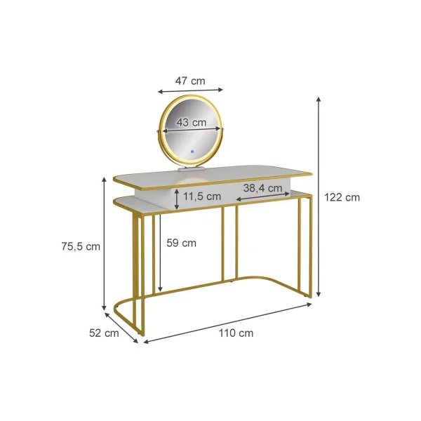 Coiffeuse Rétro Blanche et Or 2 Tiroirs + Miroir LED Table Maquillage Moderne