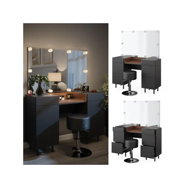 Coiffeuse Table maquillage Anthracite et Noyer + Miroir LED + Tabouret Coiffeuse moderne Coiffeuse maquillage Coiffeuse chambre