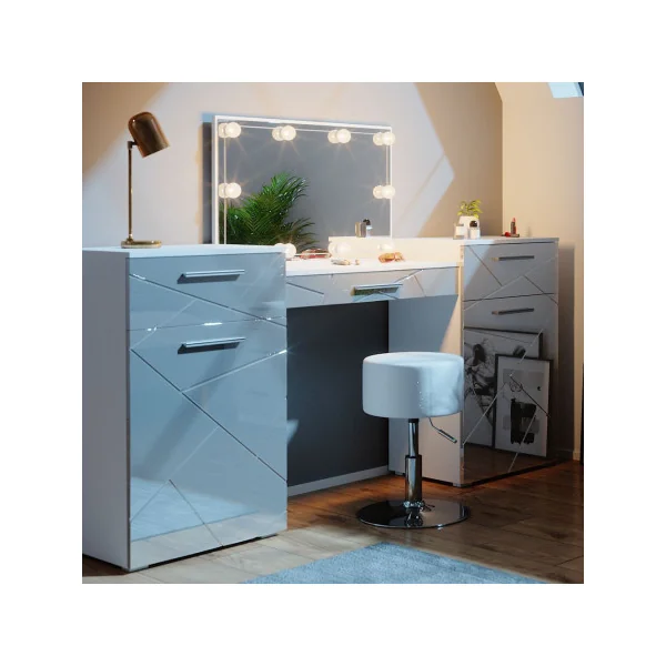 Coiffeuse table maquillage blanc brillant + LED + Tabouret Table manucure Coiffeuse femme Coiffeuse chambre
