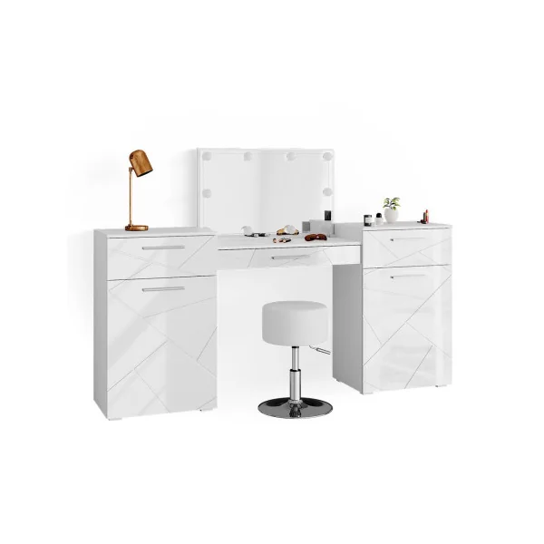 Coiffeuse table maquillage blanc brillant + LED + Tabouret Table manucure Coiffeuse femme Coiffeuse chambre