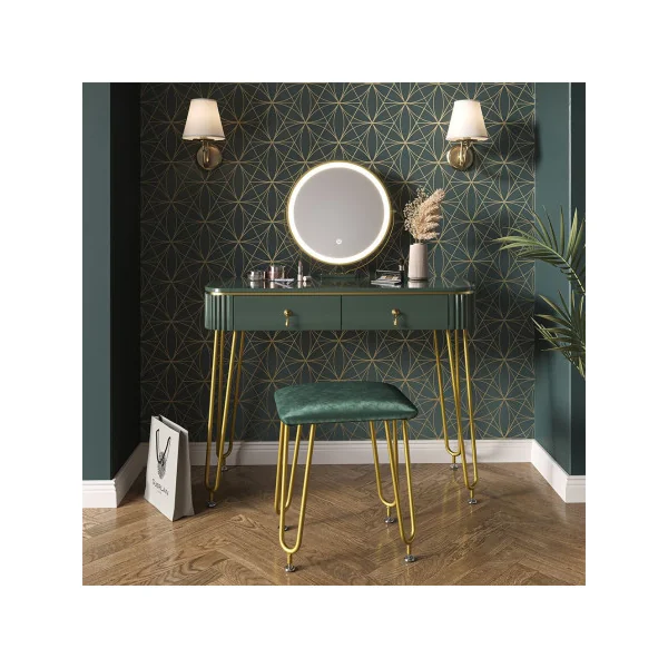 Coiffeuse vert brillant 2 tiroirs Miroir LED + Tabouret Table manucure Coiffeuse femme élégante