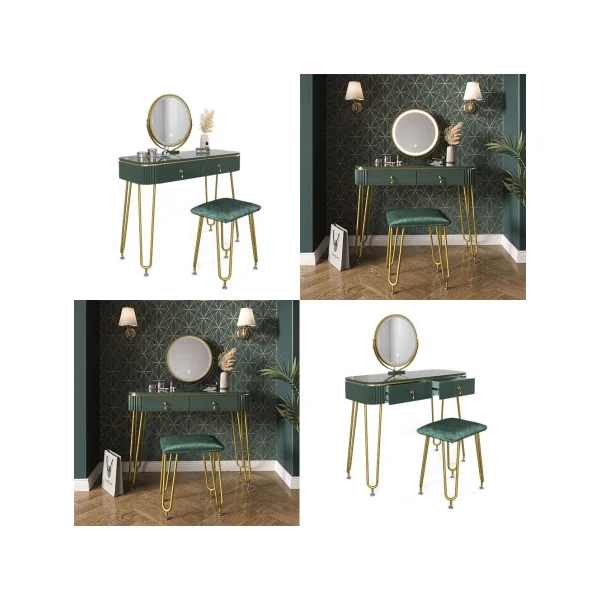 Coiffeuse vert brillant 2 tiroirs Miroir LED + Tabouret Table manucure Coiffeuse femme élégante
