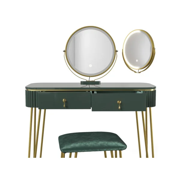 Coiffeuse vert brillant 2 tiroirs Miroir LED + Tabouret Table manucure Coiffeuse femme élégante