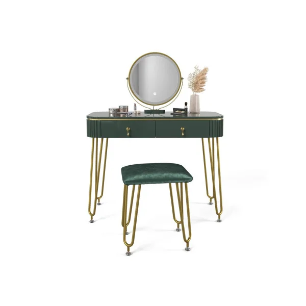 Coiffeuse vert brillant 2 tiroirs Miroir LED + Tabouret Table manucure Coiffeuse femme élégante