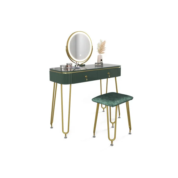 Coiffeuse vert brillant 2 tiroirs Miroir LED + Tabouret Table manucure Coiffeuse femme élégante