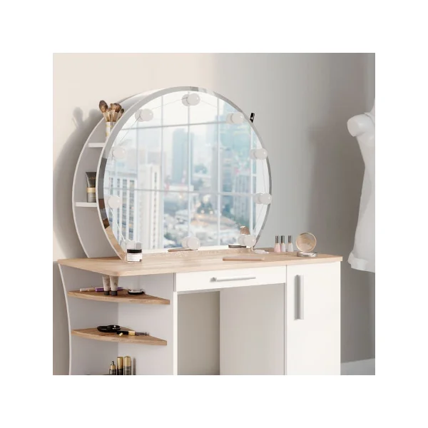 Coiffeuse épurée étagères et miroir LED blanc chêne Coiffeuse moderne Coiffeuse maquillage Coiffeuse femme
